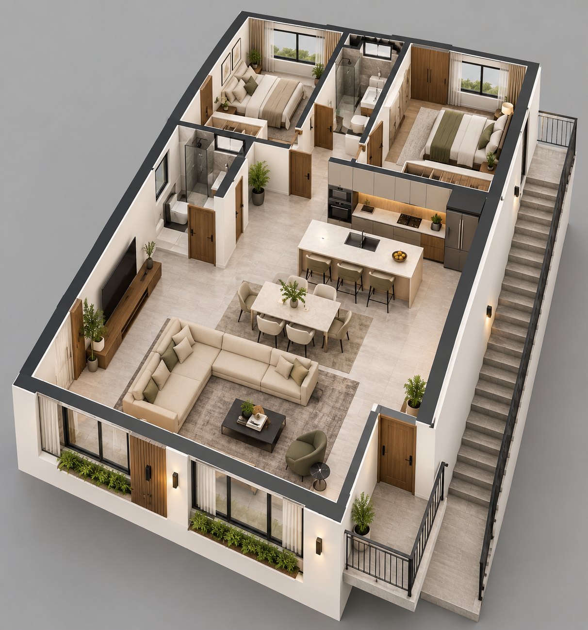 Isometric concept view showing the two-bedroom home layout